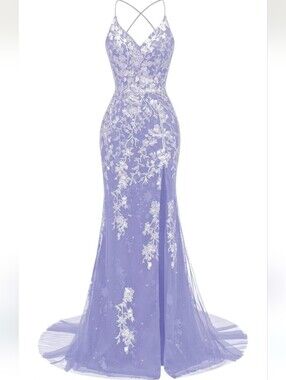 Lavender Lace Embroidered V-Neck Evening Gown